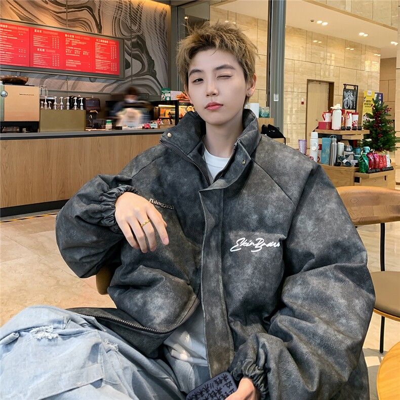 港风立领PU皮复古做旧金属印花字母设计棉衣男MY77732P130控178，男装棉衣，星座227-7