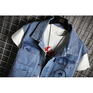 MJ234-50-控78 M-5XL牛仔大码网格马甲男工装ins无袖坎肩外穿潮牌图片