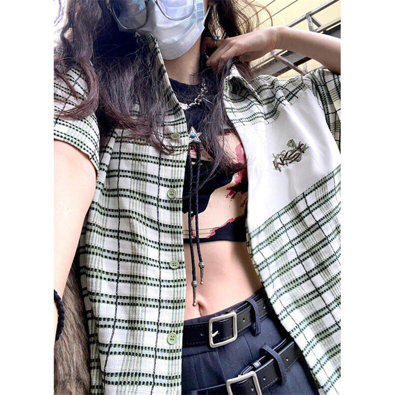 绿白格纹polo领短袖衬衫男女藤蔓刺绣小众中长款上衣CA099,男装T恤,星座1116A（原606A-3）