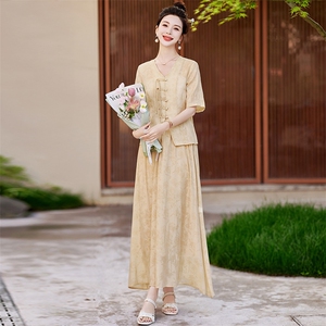 新中式国风套装裙女2024夏新款提花盘扣衬衫高腰显瘦半身裙两件套图片