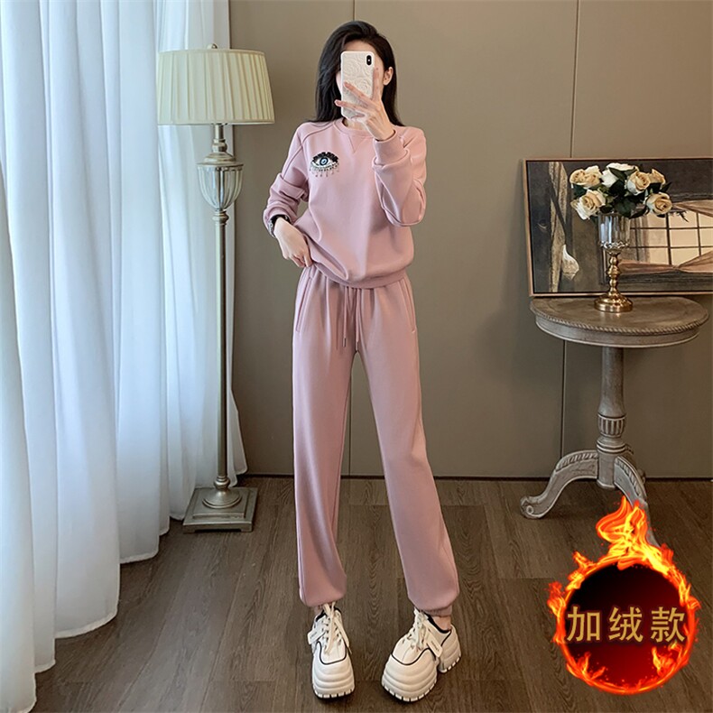 冬新款订珠刺绣圆领卫衣卫裤加绒两件套,女装套装/套裙,江南