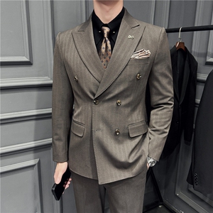 高品质~厚款暗条纹色织高档双排扣西装三件套西服男SJT8068-P295图片