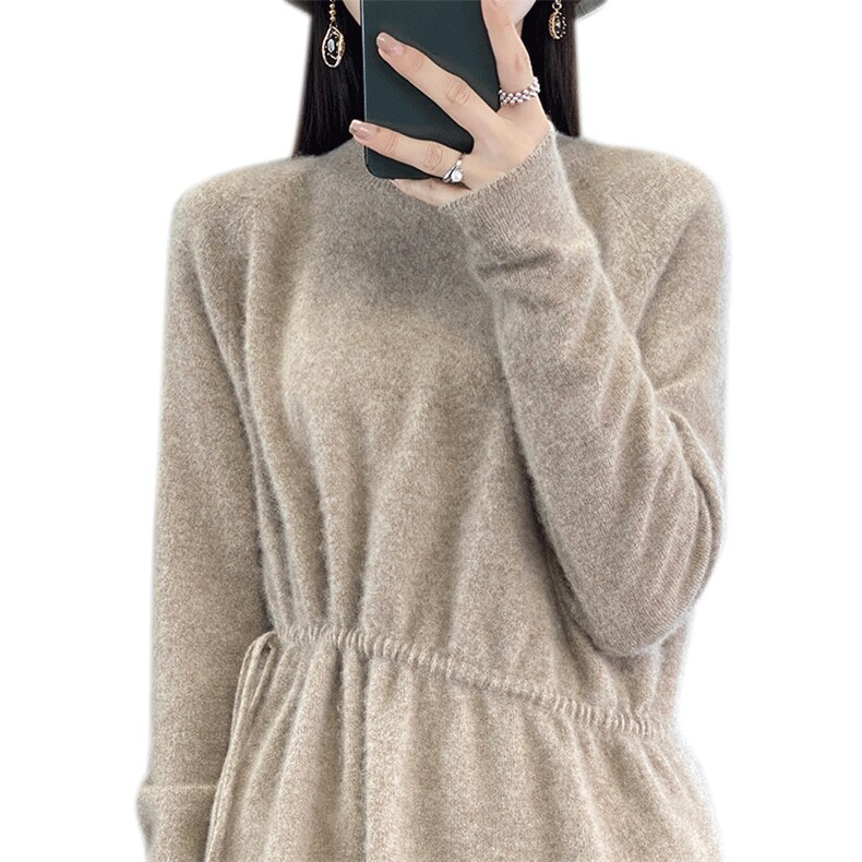 半高领中长款100%纯羊毛衫女秋冬新款抽绳针织毛衣宽松羊绒打底衫,女装羊毛衫,琳尚羊绒