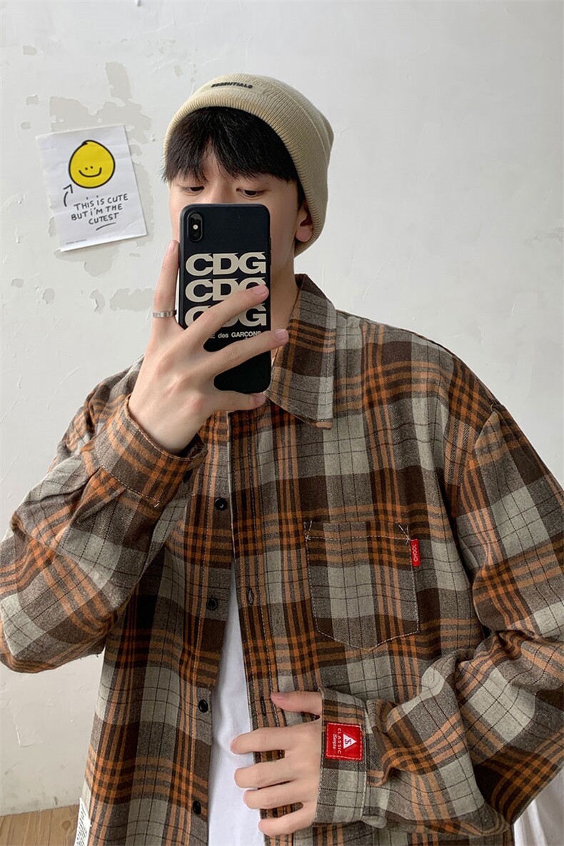 港风宽松复古长袖衬衫格子潮流休闲大码男士C751P32【特价】,男装衬衫,电商A007