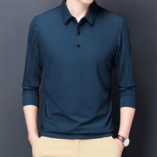 长袖翻领假两件春秋季条纹商务休闲内搭Polo衫潮流男装上衣打底衫图片
