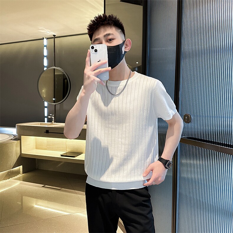 夏季短袖T恤圆领针织半袖坑条上衣纯色冰丝休闲上衣T0268-P50,男装T恤,电商D342