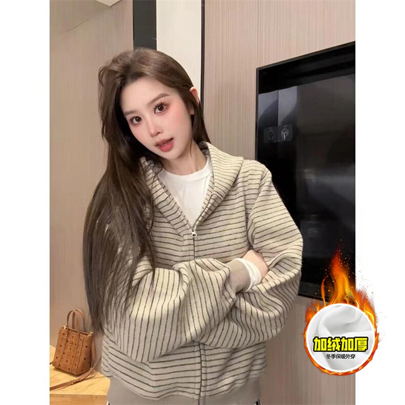 480G重磅加绒硬挺boxy男女秋冬美式高街条纹毛呢卫衣开衫厚外套，女装短外套，电商A486-1