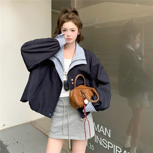 韩系巨好看格子拼接短外套女秋季2025新款学院风休闲超火百搭夹克图片