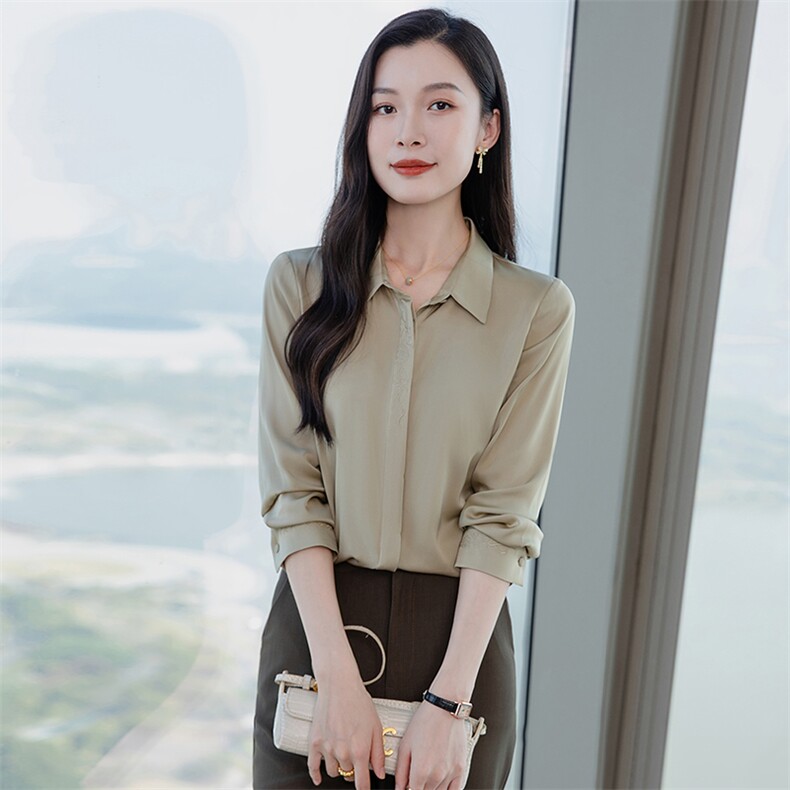 纯色绣花真丝衬衫女长袖宽松2026春季妈妈纯色衬衣显瘦真丝上衣，女装衬衫，阿舍尔精品