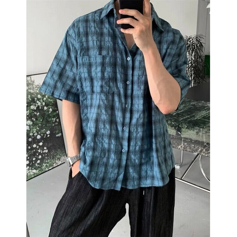 松弛感格子短袖衬衫男女夏季宽松速干翻领半袖衬衣外套CS370,男装T恤,星座1116A（原606A-3）