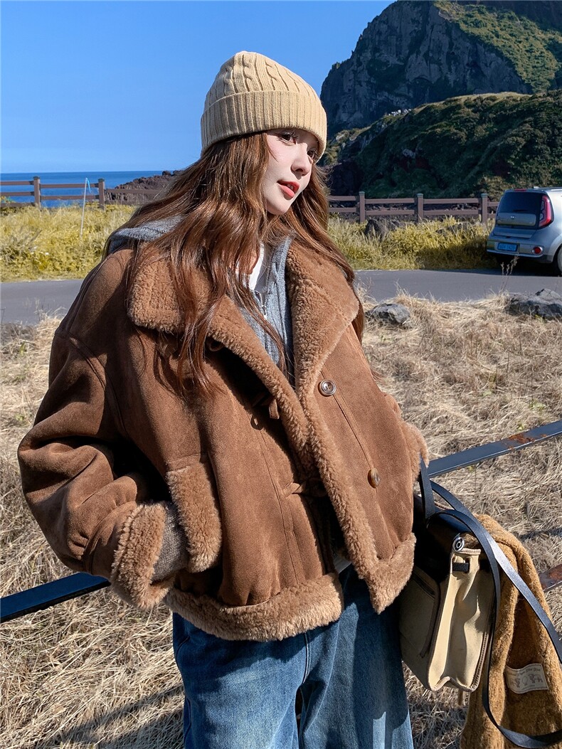 皮毛一体仿羊羔毛短外套女冬季2025新款爆款小个子加绒加厚棉服潮,女装羊羔毛/颗粒绒,诺蝶