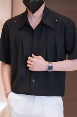 小伙立领纯色衬衫男休闲宽松风刺绣衬衣轻熟风A236-82573-P55，男装衬衫，电商A236