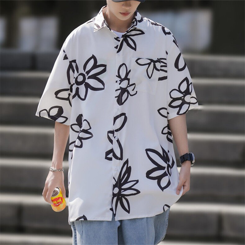 2025夏装花朵印花短袖冰丝衬衫男潮流休闲衬衣 C309P35图片