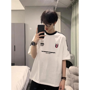 夏季美式高街重磅纯棉三条杠织带撞色男女短袖T恤ZD648-特P30图片