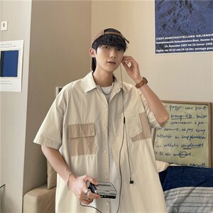 复古cityboy卡其杏色拼接工装衬衫短袖宽松衬衣设计感W3171-P30图片