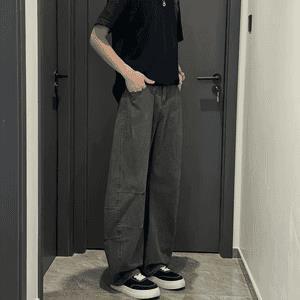 军绿色直筒美式复古褶皱拼接工装裤男春秋季宽松裤子休闲ZF13 P47图片