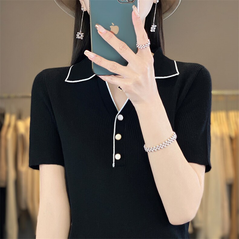 24夏季新款POLO领冰丝针织短袖女拼色纽扣T恤上衣宽松半袖打底衫，女装T恤，秋虹羊绒