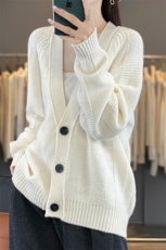 100%纯羊毛开衫女V领中长款带兜长袖毛衣宽松慵懒羊绒衫上衣打底，女装羊毛衫，聚奥羊绒