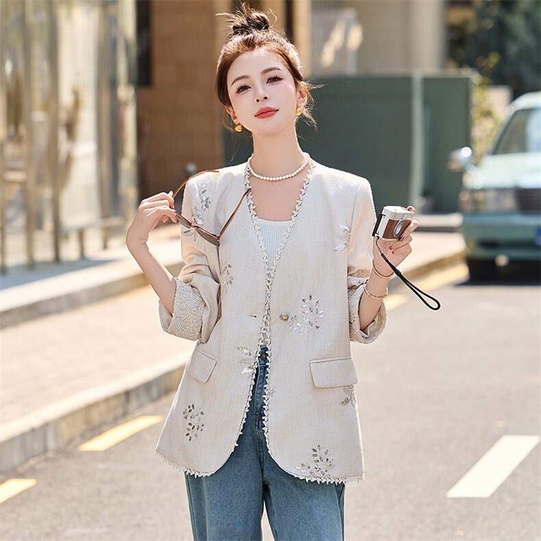 2025春新款新中式刺绣西装外套女高级感显瘦V领气质西服上衣,女装西装,妙形
