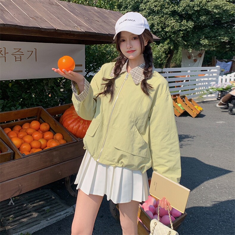 现货韩版时尚假两件短外套女洋气春秋季新款小个子显瘦工装夹克图片