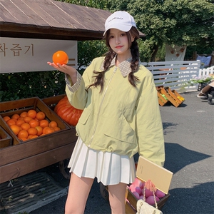 现货韩版时尚假两件短外套女洋气春秋季新款小个子显瘦工装夹克图片