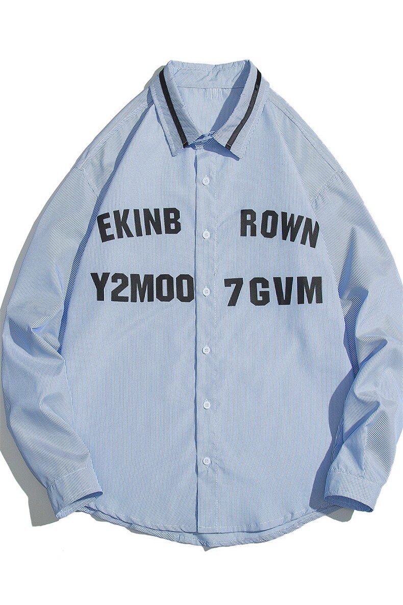 白底条纹七分袖衬衫男大码M-5XL港风情侣长袖衬衫男CCS8018P45控,男装衬衫,星座227-7