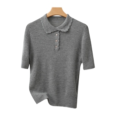 polo领短袖纯色羊绒衫女2024年新款夏舒适休闲，女装T恤，盛世绒华