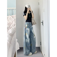 【有货】美式复古涂鸦扎染牛仔裤男女同款宽松裤子NZ803WW-特P55，男装牛仔裤，星座1007（原301D）