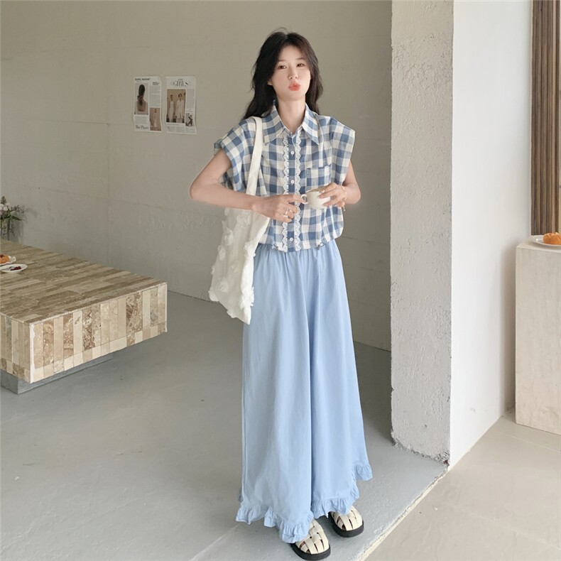 韩系甜美学院风蕾丝花边格子衬衣套装女夏季2025新款阔腿裤两件套,女装套装/套裙,2C135