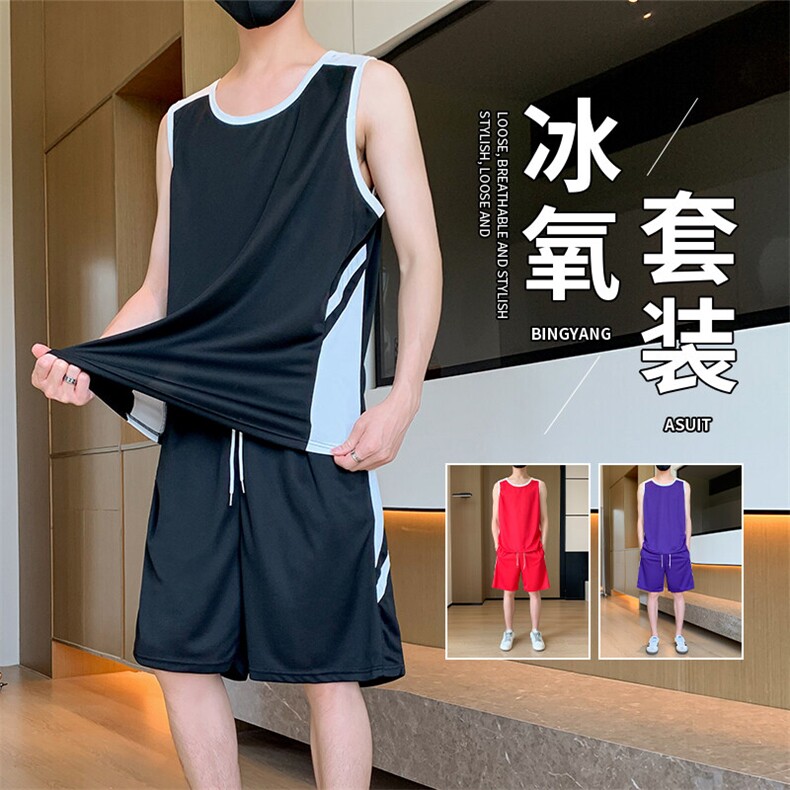 TZ148-P50 冰丝拼色青少年背心短裤套装男生运动篮球学生无袖衫图片