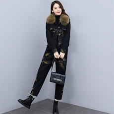 2021冬季新款加厚保暖复合毛绒牛仔印花两件套显气质款0998，女装套装/套裙，欣品汇