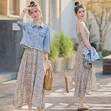 摩登风暴同款2025夏季新款勾花罩衫外套吊带连衣裙复古印花两件套，女装套装/套裙，曼娅璐