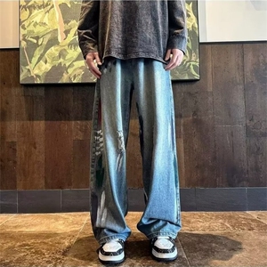 美式复古蓝牛仔裤男春秋设计感刷漆破洞水洗裤子宽松直筒阔腿长裤图片