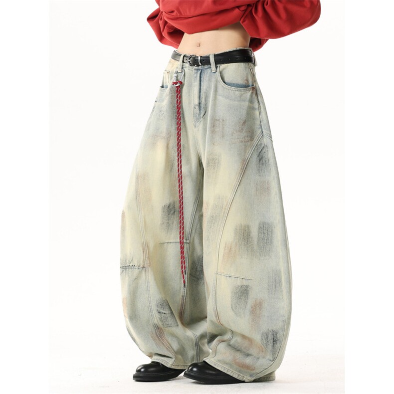 美式复古做旧脏扎染弯刀牛仔裤男小众解构阔腿裤N7790-P55,男装牛仔裤,星座308B-2