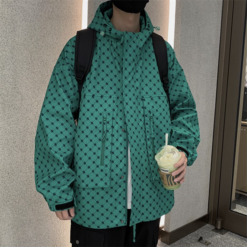 迷彩格子外套男春秋款连帽青少年春装冲锋衣夹克大码JK076-P100,男装夹克,星座308B-2