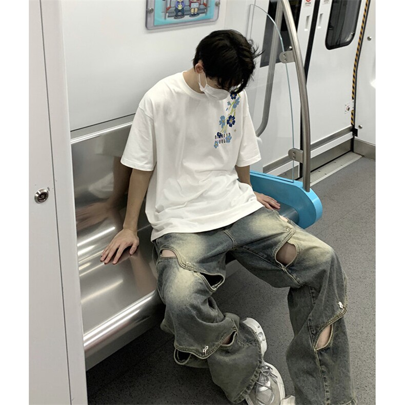 万针全刺绣解构设计260克重磅双纱纯棉高品质美式高街短袖T恤特39,男装T恤,电商A486-1
