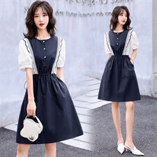 欧洲站2026夏季新款拼接撞色收腰荷叶边甜美泡泡袖衬衫直筒连衣裙，女装连衣裙，兰菲阁