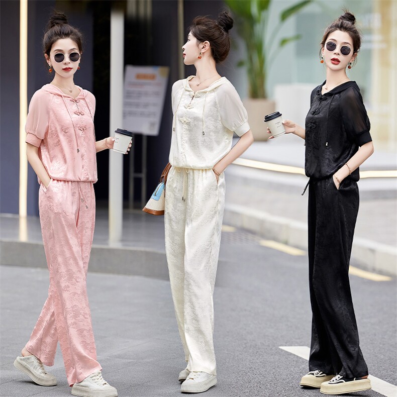 休闲运动套装女夏季2025新款时尚洋气提花盘扣成套搭配两件套,女装套装/套裙,关键词