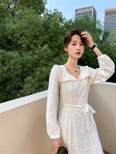 秋季新款韩版时尚修身淑女气质高雅珍珠领连衣裙，女装连衣裙，荷塘月色