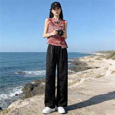 女夏季新款唐装时尚气质套装民族风立领提花无袖上衣阔腿裤两件套，女装套装/套裙，江南