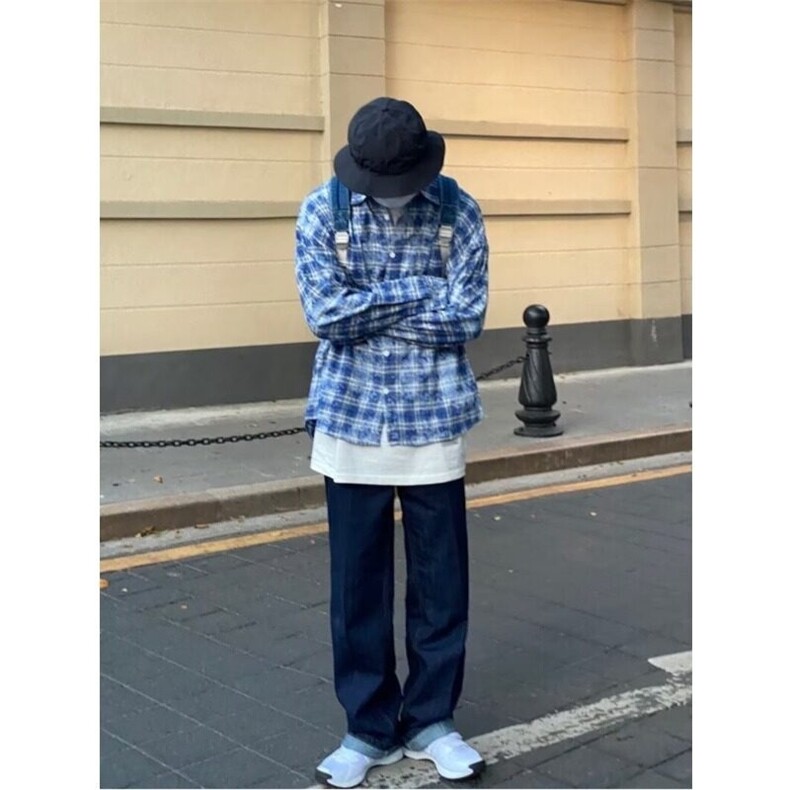 网红潮男穿搭春秋新款扎染格子衬衫港风翻领百搭衬衣外套G374P40图片