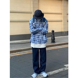 网红潮男穿搭春秋新款扎染格子衬衫港风翻领百搭衬衣外套G374P40图片