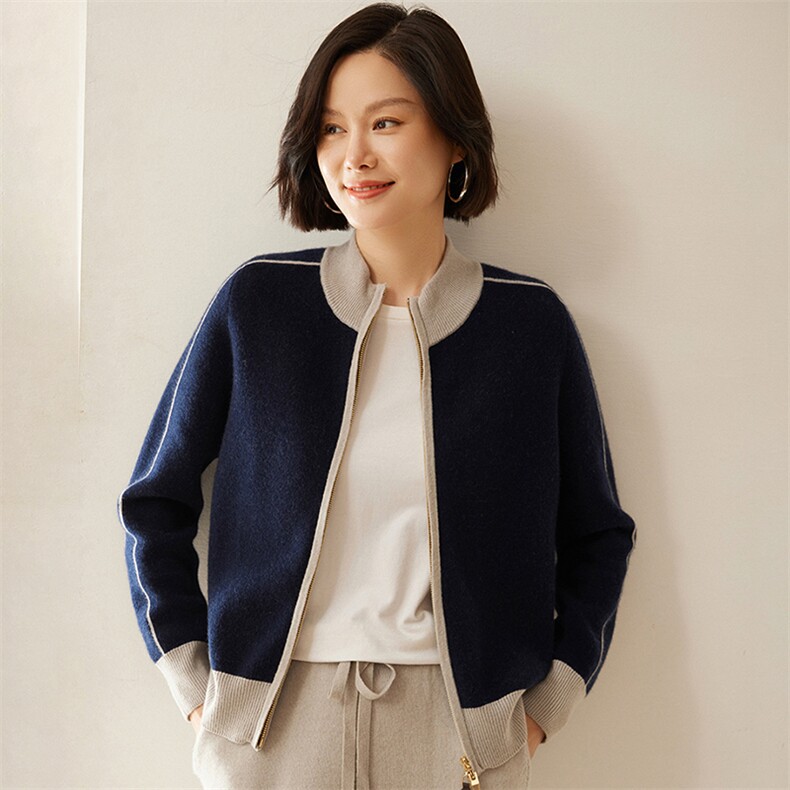 撞色立领拉链毛衣baby小山羊绒针织开衫外套女2024秋冬高级感上衣,女装短外套,绒创羊绒