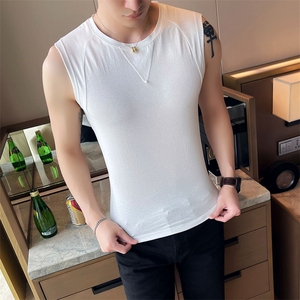 2024夏季新款 纯色修身拼接坎肩无袖汗背心T恤男 2202-特p27图片