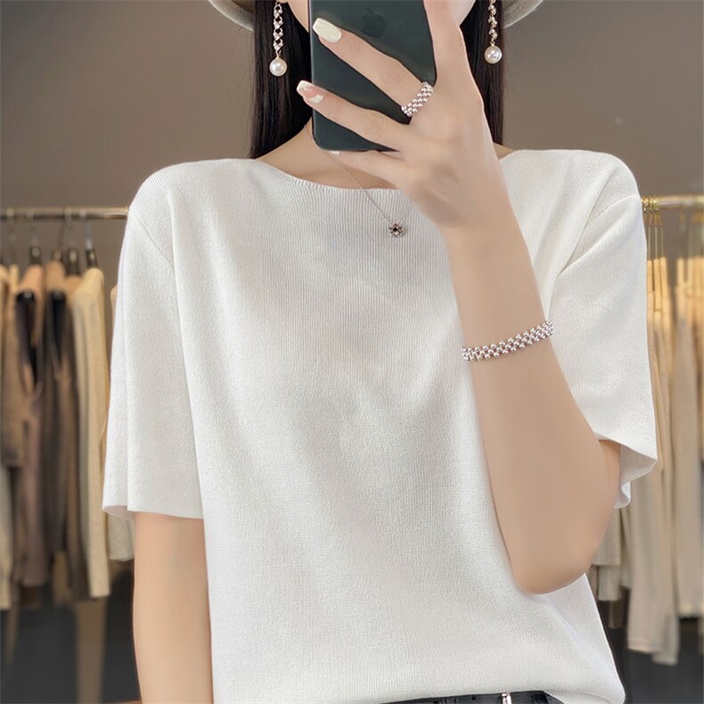 冰丝针织短袖女夏季一字领半袖小众设计感高端洋气天丝亚麻薄T恤，女装针织衫/毛衣，萱芳婷羊绒