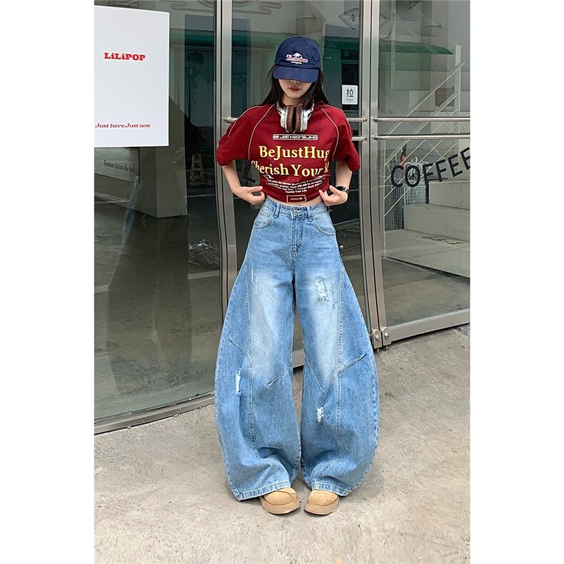 美式阔腿弯刀裤做旧白色磨破拖地裤宽松休闲百搭牛仔裤长裤男女,女装休闲裤,星座1210-1