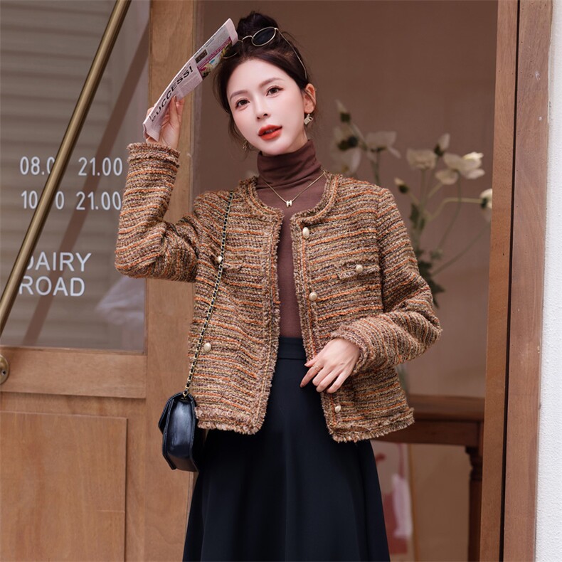 【bao款现货】2024新款春季加厚粗花呢小香南瓜色外套含30毛图片