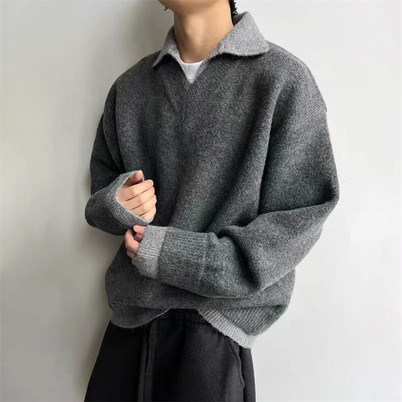 重磅北极绒假两件衬衫领毛衣美式高街复古休闲慵懒纯色翻领针织衫,男装针织衫/毛衣,电商A486