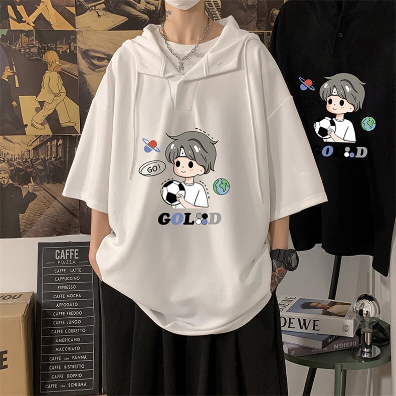 LD54207-P45连帽短袖t恤男大码胖子带帽五分袖中袖,男装T恤,电商A040