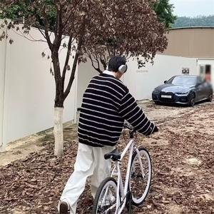 秋冬设计感黑白条纹宽松毛衣男慵懒风针织衫外套 网图 M569-P45图片